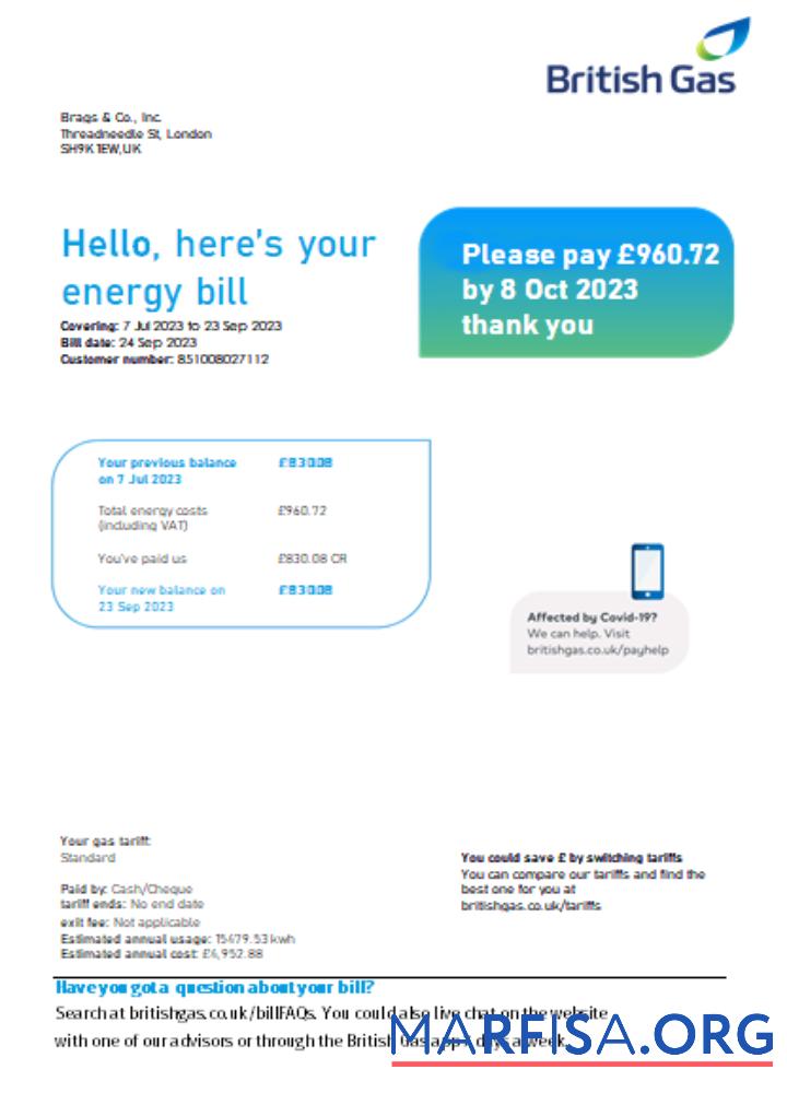 Printable British Gas Energy utility business bill SCR page 1 template